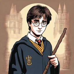 A detailed illustration of Harry Potter, the famous wizard from J