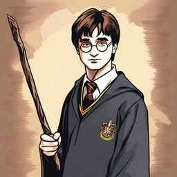 A detailed illustration of Harry Potter, the famous wizard from J