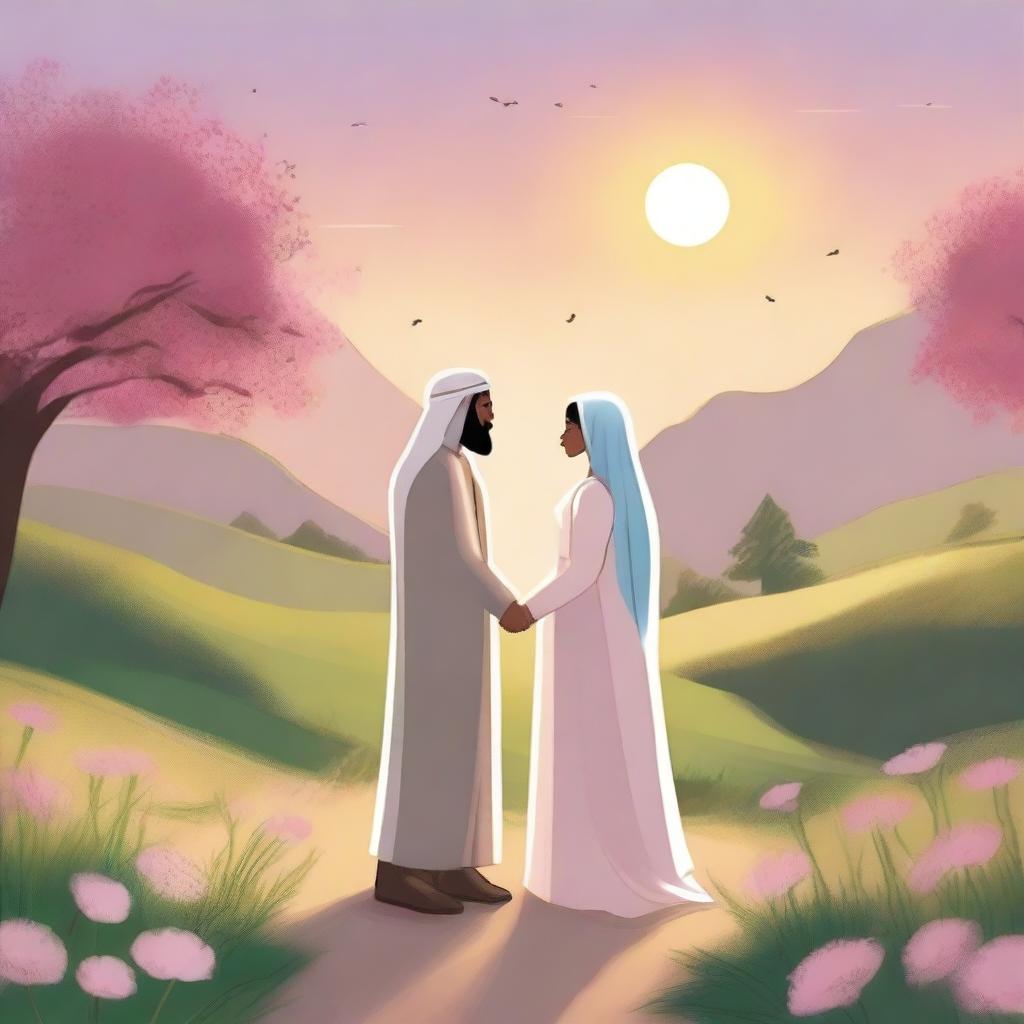 A beautiful illustration of Aisha and Mohammed's love story, set in a picturesque landscape with blooming flowers and a serene sunset