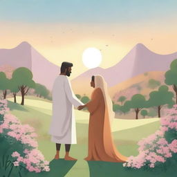 A beautiful illustration of Aisha and Mohammed's love story, set in a picturesque landscape with blooming flowers and a serene sunset