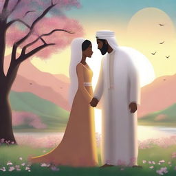 A beautiful illustration of Aisha and Mohammed's love story, set in a picturesque landscape with blooming flowers and a serene sunset