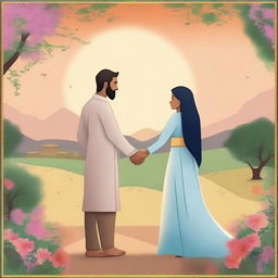 A beautiful illustration of Aisha and Mohammed's love story, set in a picturesque landscape with blooming flowers and a serene sunset