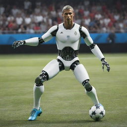 A futuristic robot modeled after the famous football player Cristiano Ronaldo, executing a signature soccer move on a digital soccer field.