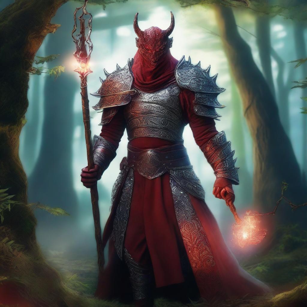 A powerful wizard with red skin, named Drako, wearing draconid studded leather armor