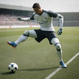 A futuristic robot modeled after the famous football player Cristiano Ronaldo, executing a signature soccer move on a digital soccer field.