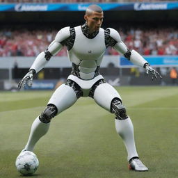 A futuristic robot modeled after the famous football player Cristiano Ronaldo, executing a signature soccer move on a digital soccer field.