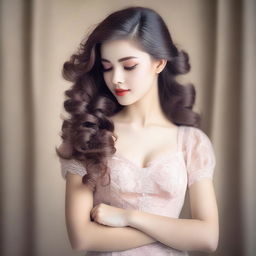 A beautiful young girl wearing stockings and having carefully styled hair