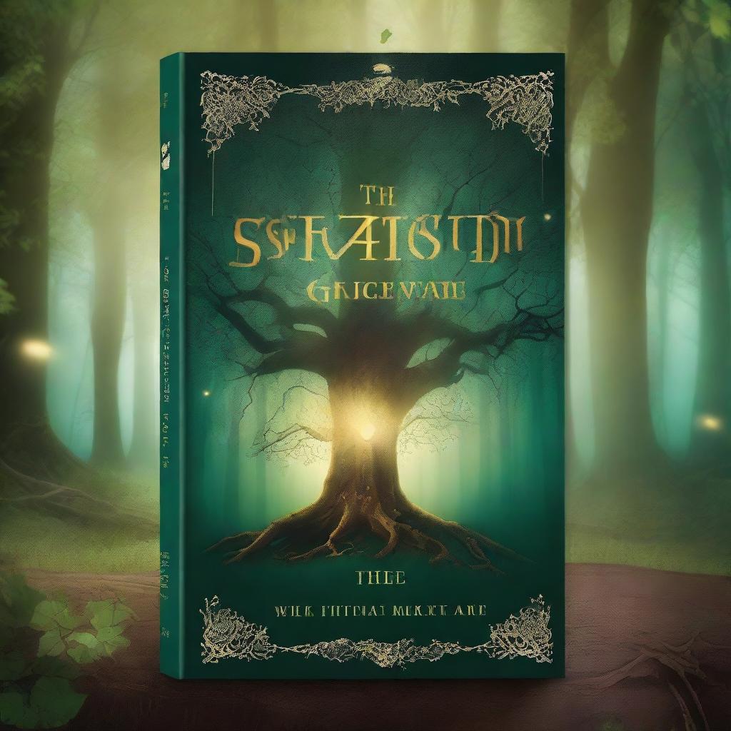 A captivating book cover featuring a mysterious forest with an ancient, glowing tree at its center