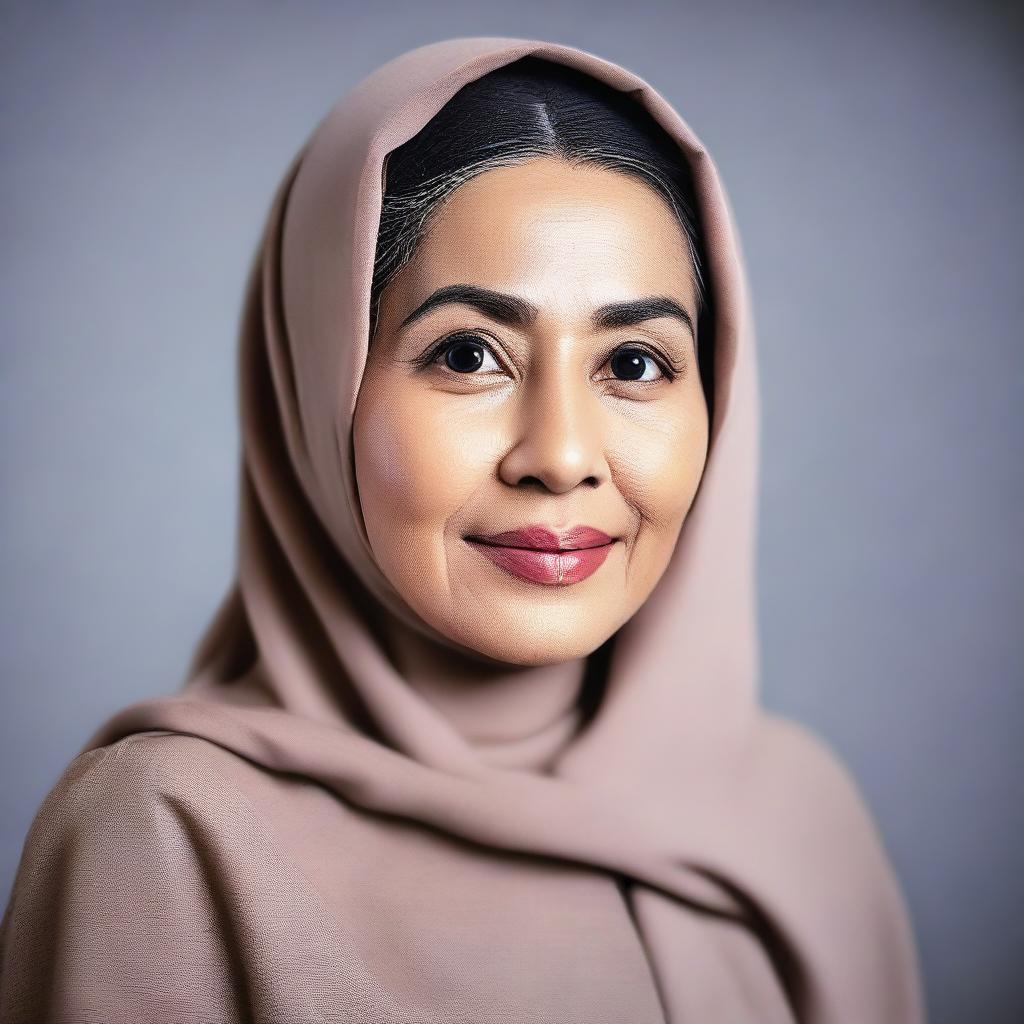 A mature and elegant Indonesian woman wearing a hijab, portrayed as a teacher in a professional and respectful manner