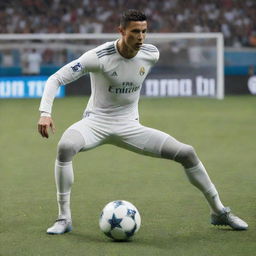 A futuristic robot modeled after the famous football player Cristiano Ronaldo, executing a signature soccer move on a digital soccer field.