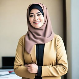 A mature and elegant Indonesian woman wearing a hijab, portrayed as a teacher in a professional and respectful manner