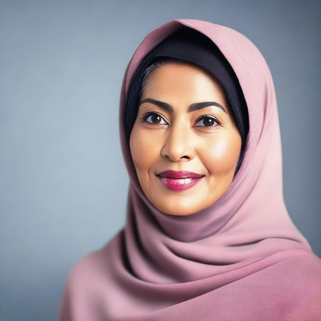 A mature and elegant Indonesian woman wearing a hijab, portrayed as a teacher in a professional and respectful manner