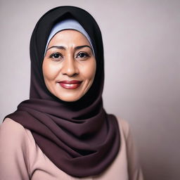 A mature and elegant Indonesian woman wearing a hijab, portrayed as a teacher in a professional and respectful manner