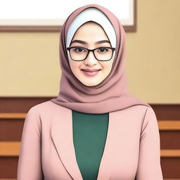 Create an image of a stylish and attractive Indonesian teacher wearing a hijab