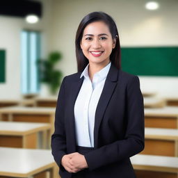 A beautiful Indonesian teacher standing in a classroom setting, dressed in professional yet stylish attire