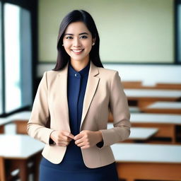 A beautiful Indonesian teacher standing in a classroom setting, dressed in professional yet stylish attire