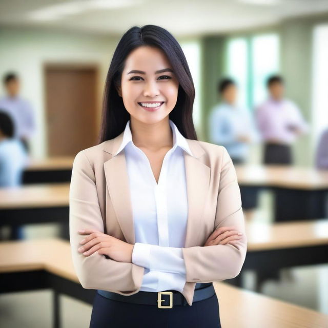 A beautiful Indonesian teacher standing in a classroom setting, dressed in professional yet stylish attire