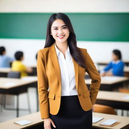 A beautiful Indonesian teacher standing in a classroom setting, dressed in professional yet stylish attire