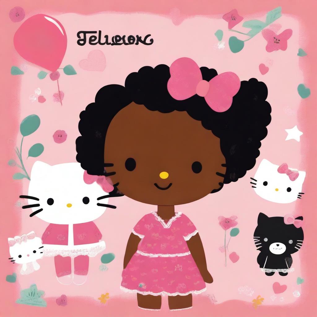 A charming and playful portrait of a person with mixed Mexican and Black heritage, infused with a 'Hello Kitty' theme