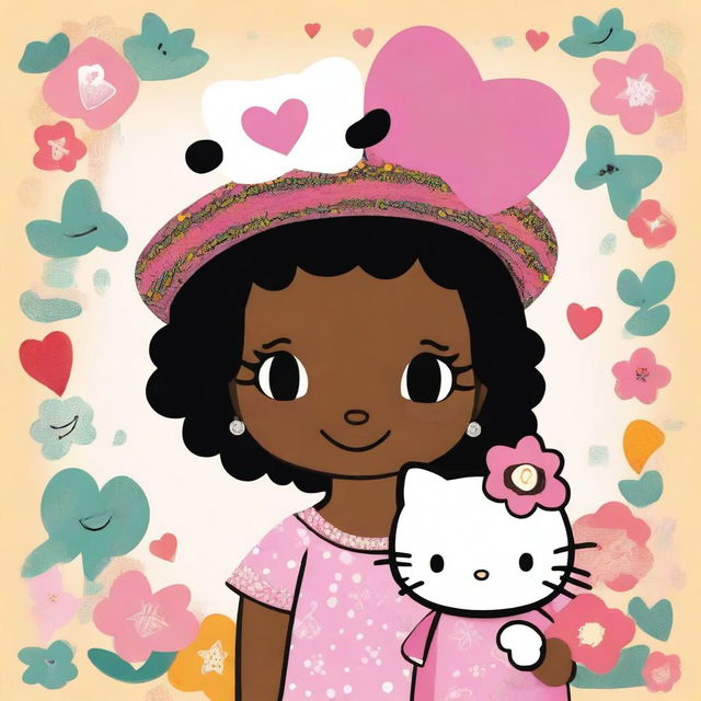 A charming and playful portrait of a person with mixed Mexican and Black heritage, infused with a 'Hello Kitty' theme