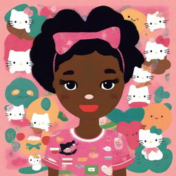 A charming and playful portrait of a person with mixed Mexican and Black heritage, infused with a 'Hello Kitty' theme