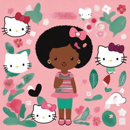 A charming and playful portrait of a person with mixed Mexican and Black heritage, infused with a 'Hello Kitty' theme