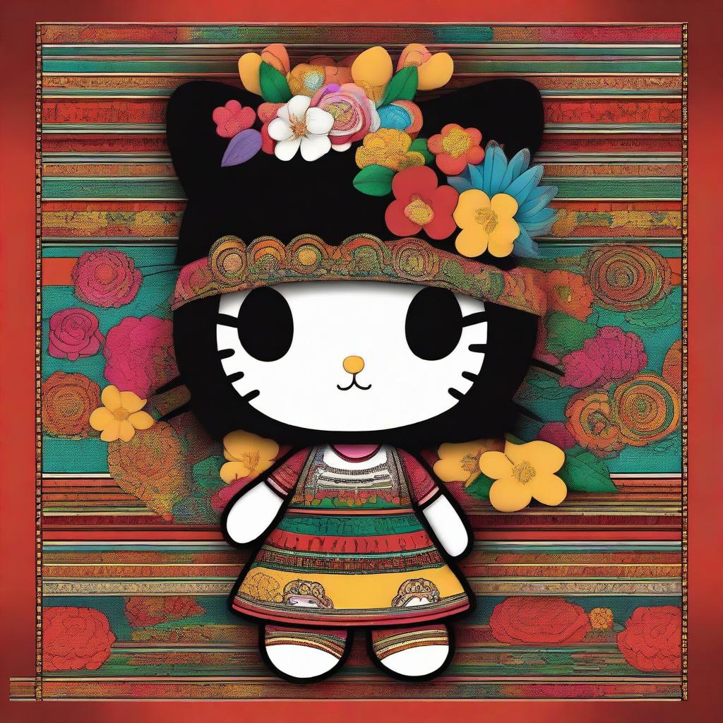 A creative and unique depiction of Hello Kitty with features that reflect a mixed Mexican and Black heritage