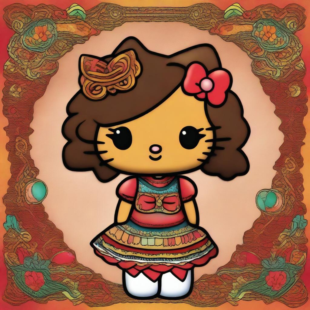 A creative and unique depiction of Hello Kitty with features that reflect a mixed Mexican and Black heritage