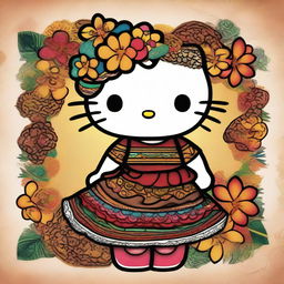 A creative and unique depiction of Hello Kitty with features that reflect a mixed Mexican and Black heritage