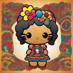 A creative and unique depiction of Hello Kitty with features that reflect a mixed Mexican and Black heritage