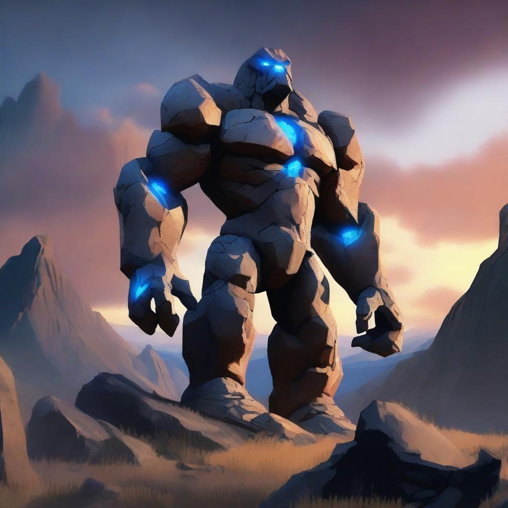 A majestic rock golem standing tall amidst a rugged mountain landscape