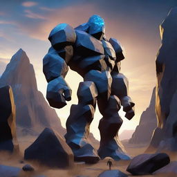 A majestic rock golem standing tall amidst a rugged mountain landscape