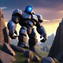 A majestic rock golem standing tall amidst a rugged mountain landscape