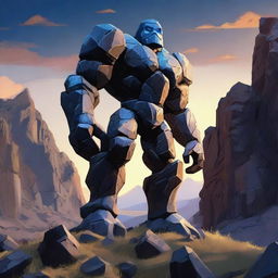 A majestic rock golem standing tall amidst a rugged mountain landscape