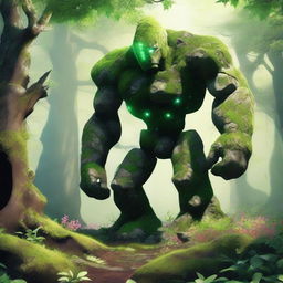 A majestic rock golem on four legs, covered in moss, grass, and flowers, standing in a lush forest