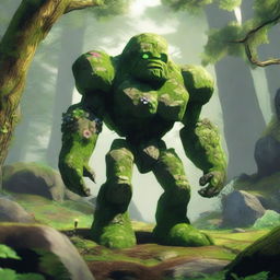 A majestic rock golem on four legs, covered in moss, grass, and flowers, standing in a lush forest