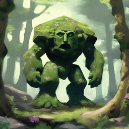 A majestic rock golem on four legs, covered in moss, grass, and flowers, standing in a lush forest