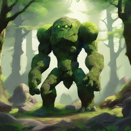 A majestic rock golem on four legs, resembling an animal, covered in moss, grass, and flowers