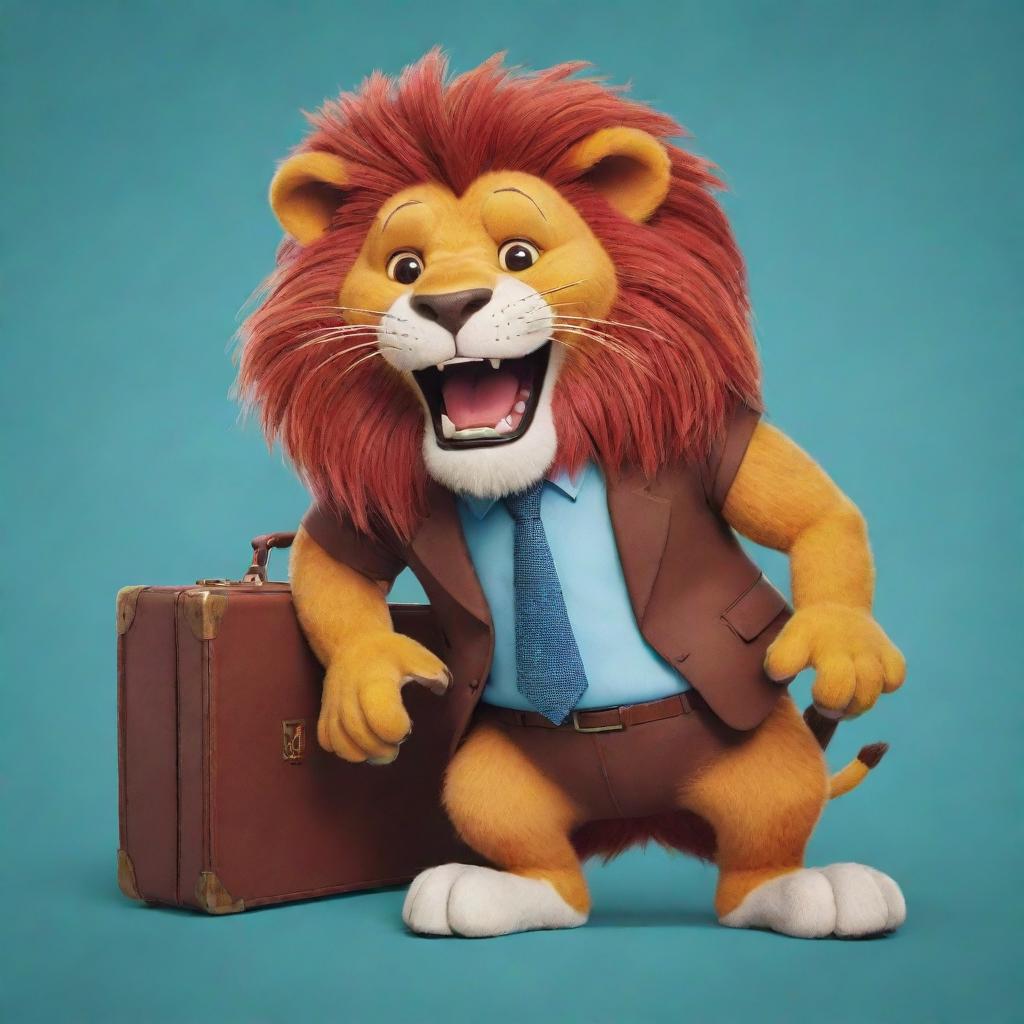 A playful cartoon scene of a large, friendly-looking lion humorously stuck in a boldly colored, exaggeratedly large briefcase.