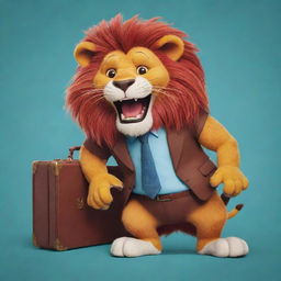 A playful cartoon scene of a large, friendly-looking lion humorously stuck in a boldly colored, exaggeratedly large briefcase.