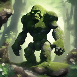 A majestic rock golem on four legs, resembling an animal, covered in moss, grass, and flowers