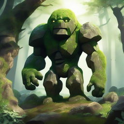 A majestic rock golem on four legs, resembling an animal, covered in moss, grass, and flowers