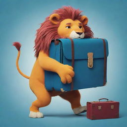 A playful cartoon scene of a large, friendly-looking lion humorously stuck in a boldly colored, exaggeratedly large briefcase.