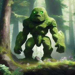 A majestic rock golem on four legs, resembling an animal, covered in moss, grass, and flowers