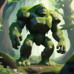 A majestic rock golem on four legs, resembling an animal, covered in moss, grass, and flowers