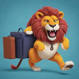 A playful cartoon scene of a large, friendly-looking lion humorously stuck in a boldly colored, exaggeratedly large briefcase.