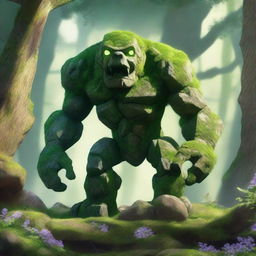 A majestic rock golem on four legs, resembling a dog, covered in moss, grass, and flowers