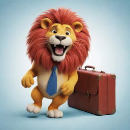 A playful cartoon scene of a large, friendly-looking lion humorously stuck in a boldly colored, exaggeratedly large briefcase.