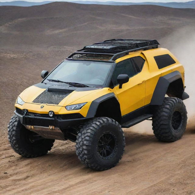 A Lamborghini car modified into an off-road vehicle, complete with large rugged tires, protective frames and adaptive suspension for rough terrain.