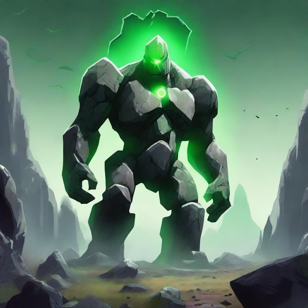 A towering rock golem standing in a rugged landscape